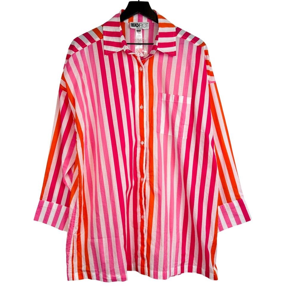 Beach Riot Alexa Button Up Oversized Swim Cover Up Shirt Pink Red Stripe - L/XL